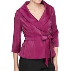 Alex Evening Berry tie front 3/4 sleeves brushed satin waistband jacket, size XL
